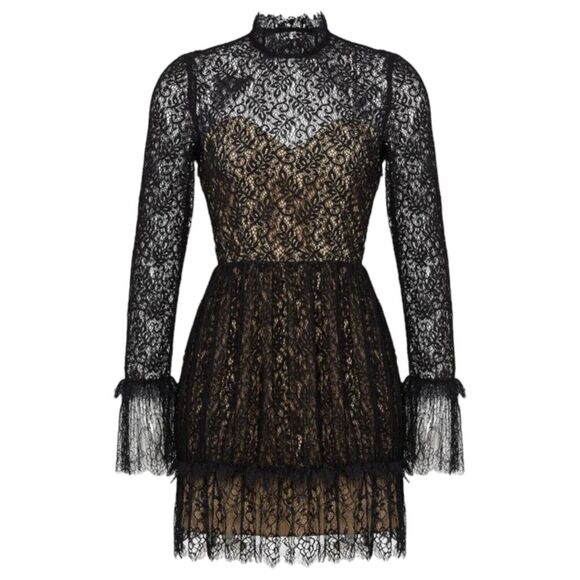 SAYLOR Amity Black Lace Long Sleeve Back Cutout Mini Dress Mock Neck M ($265) - Picture 1 of 13